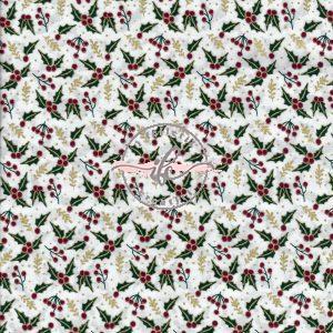 Tessuto Natalizio - Agrifoglio Fondo Bianco