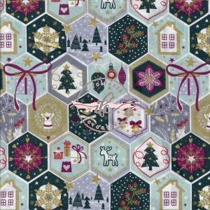 Tessuto Natalizio - Esagoni con Decorazioni